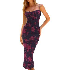 Women Purple Spaghetti Straps Floral Bodycon Maxi Dress Party Wedding